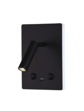 Aplique pared LECTOR con luz indirecta y USB Negro texturado led 3 watts + 12 watts 3000 kelvin