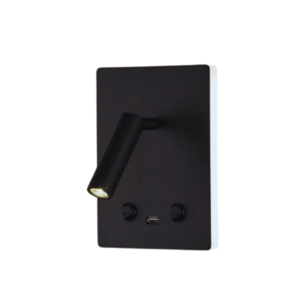 Aplique pared LECTOR con luz indirecta y USB Negro texturado led 3 watts + 12 watts 3000 kelvin