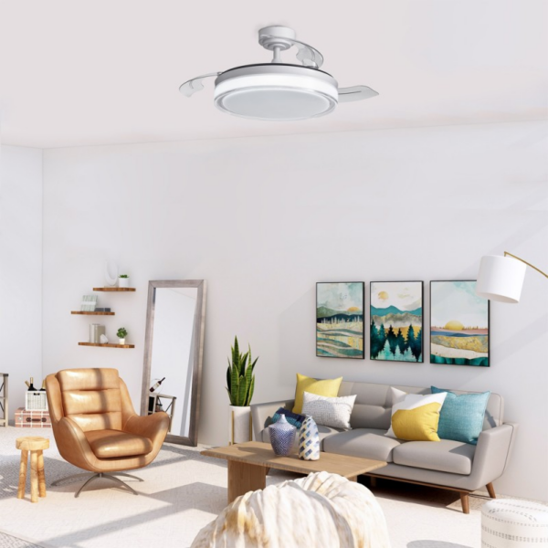 Lámpara ventilador de techo led 72 watt aspas desplegables 48/106 cm diámetro 7920 Lumen 6 velocidades 3000-4000-6000K Mando a distancia, memoria y temporizador blanco - Imagen 2