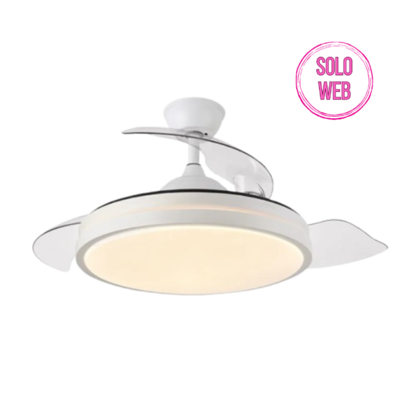 Lámpara ventilador de techo led 59 watts 3 aspas desplegables 50/107 cm diámetro 6980 Lumen 6 velocidades 3000-4000-6000K Mando a distancia, memoria y temporizador blanco