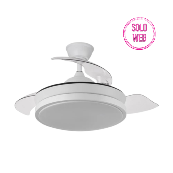 Lámpara ventilador de techo led mini 59 watts 3 aspas desplegables 39/91 cm diámetro 6980 Lumen 6 velocidades 3000-4000-6000K Mando a distancia, memoria y temporizador blanco