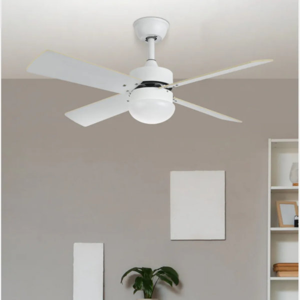 Ventilador de techo para bombilla E27 4 aspas reversibles 107 cm diámetro 6 velocidades mando a distancia incluido blanco haya - Imagen 4
