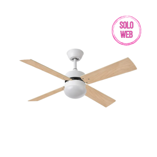 Ventilador de techo para bombilla E27 4 aspas reversibles 107 cm diámetro 6 velocidades mando a distancia incluido blanco haya