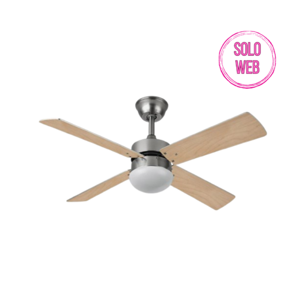 Ventilador de techo para bombilla E27 4 aspas reversibles 107 cm diámetro 6 velocidades mando a distancia incluido haya plata