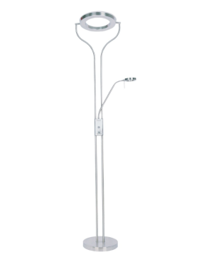 Lámpara de pie cromo LED dimable con brazo lector níquel satinado