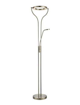 Lámpara de pie cromo LED dimable con brazo lector cuero