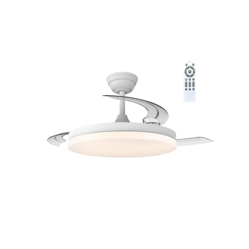Lámpara ventilador de techo led 48 watt 3 aspas desplegables 48/106 cm diámetro 5280 Lumen 6 velocidades 3000-4000-6000K Mando a distancia, memoria y temporizador blanco brilli