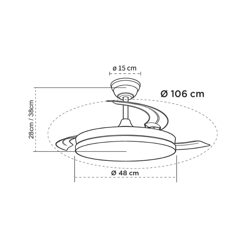 Lámpara ventilador de techo led 48 watt 3 aspas desplegables 48/106 cm diámetro 5280 Lumen 6 velocidades 3000-4000-6000K Mando a distancia, memoria y temporizador blanco brilli - Imagen 5