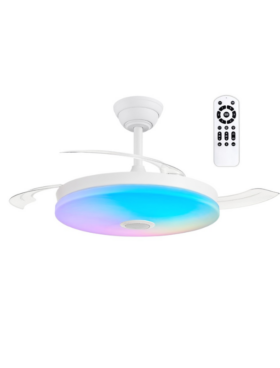 Lámpara ventilador de techo MUSICAL RGB led 48+8 watt 3 aspas desplegables 48/106 cm diámetro 5280 Lumen 6 velocidades CCT Mando a distancia, memoria y temporizador blanco