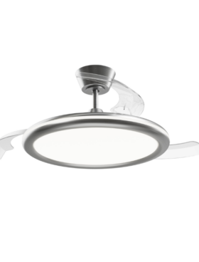 Lámpara ventilador de techo LED 36 watts dimable 3 aspas desplegables 50/107cm diámetro 6 velocidades mando a distancia acabado níquel satinado