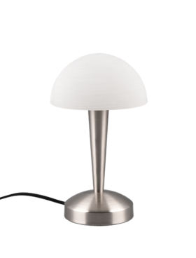 Lámpara de sobremesa táctil para bombilla E14 metal níquel y vidrio blanco