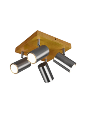 Lámpara foco 4x GU10 madera metal níquel mate