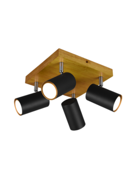 Lámpara foco 4x GU10 madera metal negro